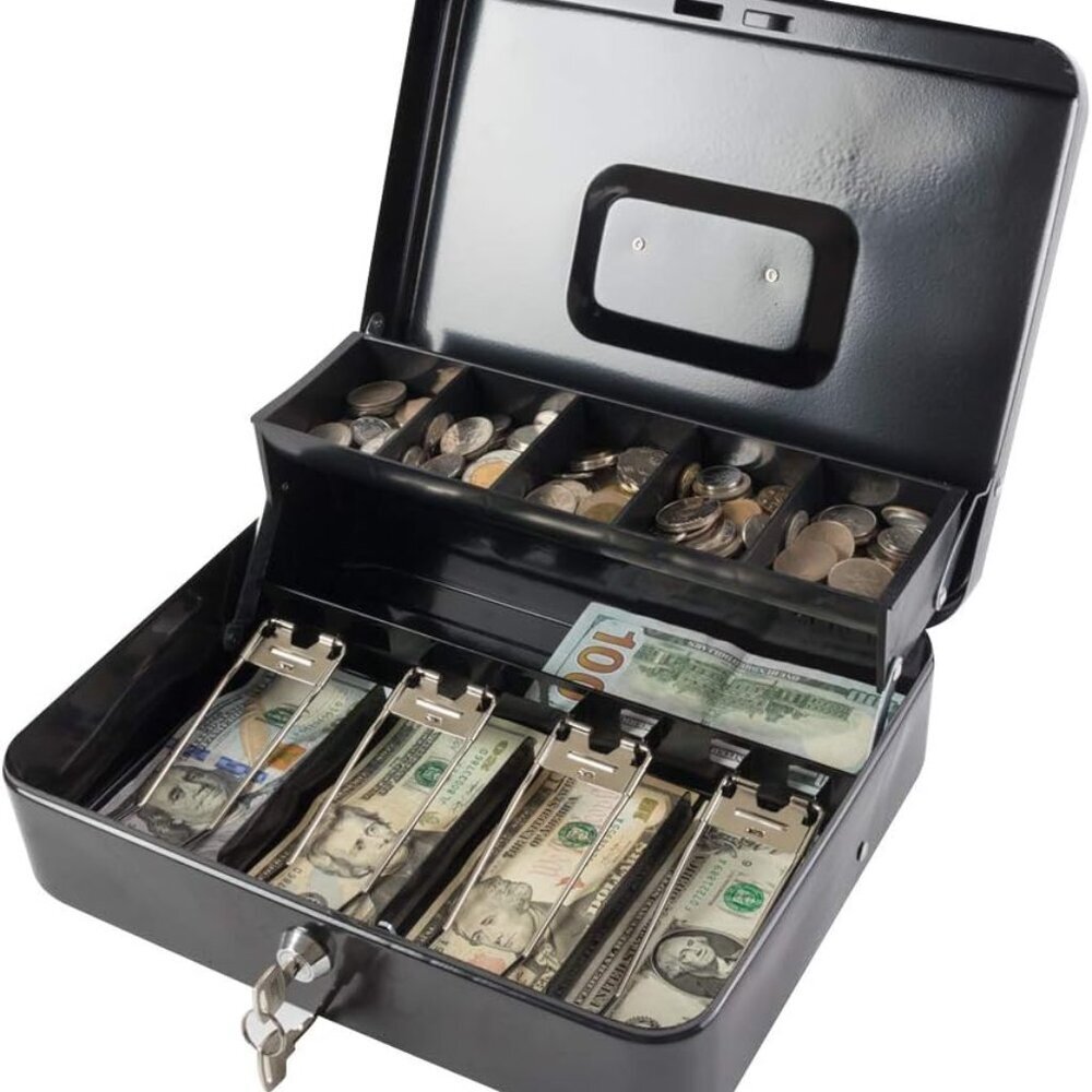 Locking Cash/Money Saving Organizer Box with Lock Safe with Key and Cash Tray, B